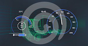 Image of speedometer over electric truck project on navy background