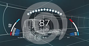 Image of speedometer over electric truck project on navy background