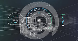Image of speedometer over electric truck project on navy background