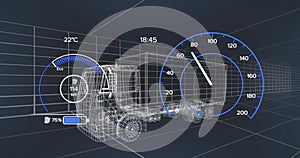 Image of speedometer over electric truck project on navy background