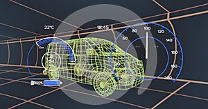 Image of speedometer over electric van project on navy background