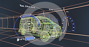 Image of speedometer over electric van project on navy background