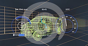 Image of speedometer over electric van project on navy background