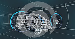 Image of speedometer over electric van project on navy background