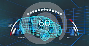 Image of speedometer over electric van project on navy background