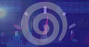 Image of speedometer and statistical data processing against light spot on blue background