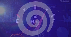 Image of speedometer and statistical data processing against light spot on blue background