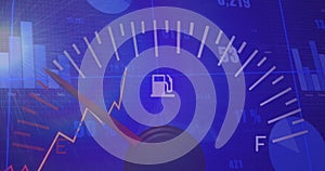 Image of speedometer and statistical data processing against light spot on blue background