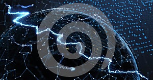 Image of spinning globe and network of connections on black background