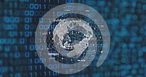 Image of spinning globe over binary coding data processing against blue background
