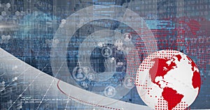 Image of spinning globe, profile icons and data processing over empty computer server room