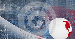 Image of spinning globe, profile icons and data processing over empty computer server room