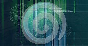Image of spinning globe and statistical data processing against computer server room