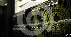 Image of spinning round scanner and data processing against close up of a computer server