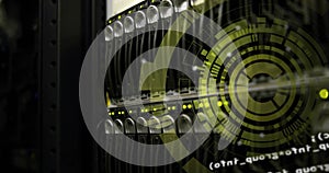 Image of spinning round scanner and data processing against close up of a computer server
