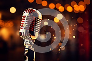 Image Spotlight on a retro microphone on stage with bokeh background