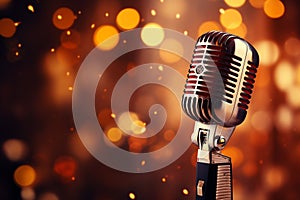 Image Spotlight on a retro microphone on stage with bokeh background