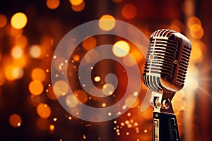 Image Spotlight on a retro microphone on stage with bokeh background
