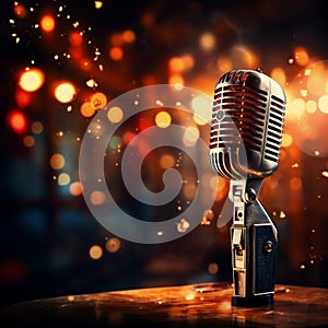 Image Spotlight on a retro microphone on stage with bokeh background