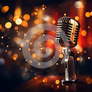 Image Spotlight on a retro microphone on stage with bokeh background