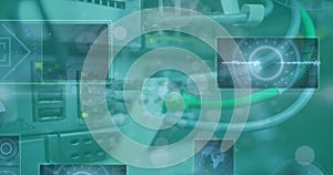 Image of spots of light and data processing against close up of computer server