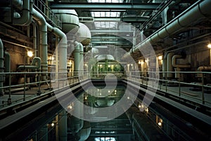 An image of a sprawling industrial building featuring a sizable pool of water in its vicinity., Modern urban waste water treatment