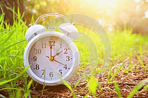 Image of spring Time Change. Summer back concept. Vintage alarm Clock outdoors.