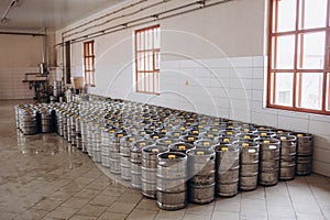 Image of a stack of beer barrels. Beer factory