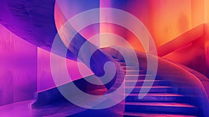 Image of a stairway, Vibrant fluid shapes blending in purples, pinks, blues, and oranges