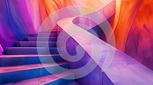 Image of a stairway, Vibrant fluid shapes blending in purples, pinks, blues, and oranges