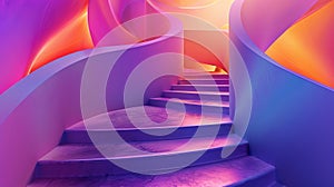 Image of a stairway, Vibrant fluid shapes blending in purples, pinks, blues, and oranges