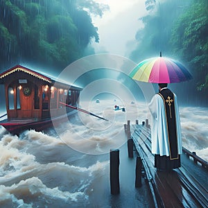 image of standing in the rain hold a umbrella at the cabin across narrow raging river.