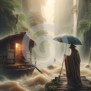 image of standing in the rain hold a umbrella at the cabin across narrow raging river.
