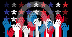 Image of stars and hands of flag of united states of america over black background