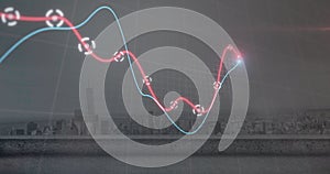 Image of statistical data processing against aerial view of cityscape