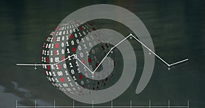 Image of statistical data processing against binary coding over a globe against grey background