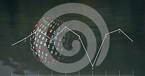 Image of statistical data processing against binary coding over a globe against grey background