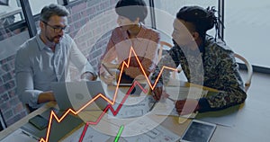 Image of statistical data processing against diverse colleagues discussing together at office