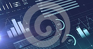 Image of statistical data processing against light spot on blue background