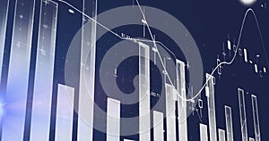Image of statistical data processing against light spot on blue background