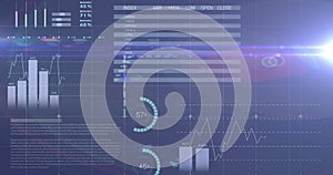 Image of statistical data processing against light spot on blue background