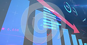 Image of statistical data processing against light spot on blue background