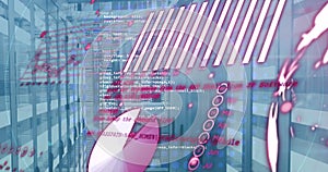 Image of statistical data processing against light trails over computer server room