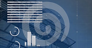 Image of statistical data processing against low angle view of tall building