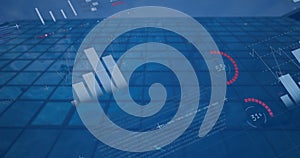 Image of statistical data processing against low angle view of tall building