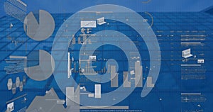 Image of statistical data processing against low angle view of tall building