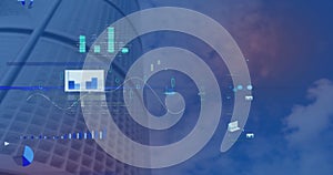 Image of statistical data processing against low angle view of tall building