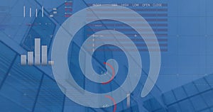 Image of statistical data processing against low angle view of tall building