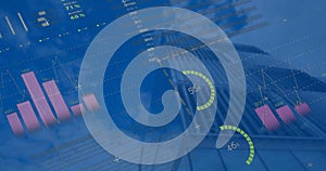 Image of statistical data processing against low angle view of tall building