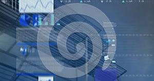 Image of statistical data processing against low angle view of tall building